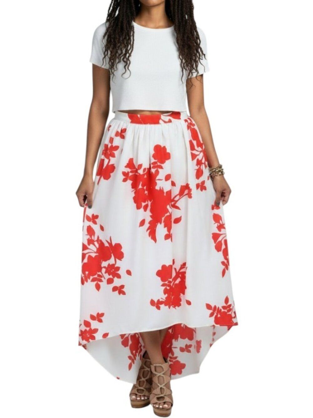 Rules of Etiquette Red White Floral High Low Maxi Skirt Elastic Waist Zipper S